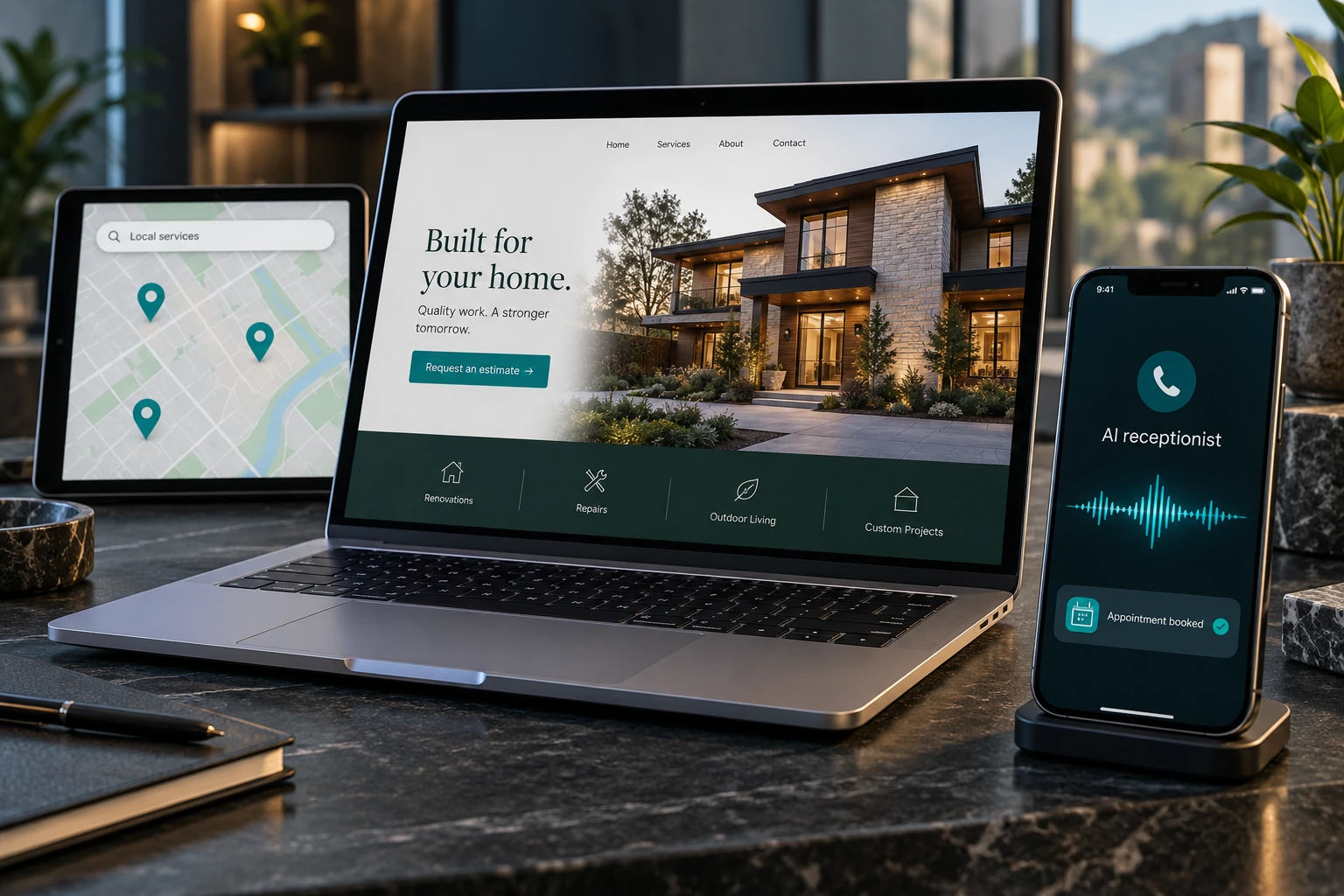 Illustration of a business website, local search map, and AI receptionist with an appointment confirmation