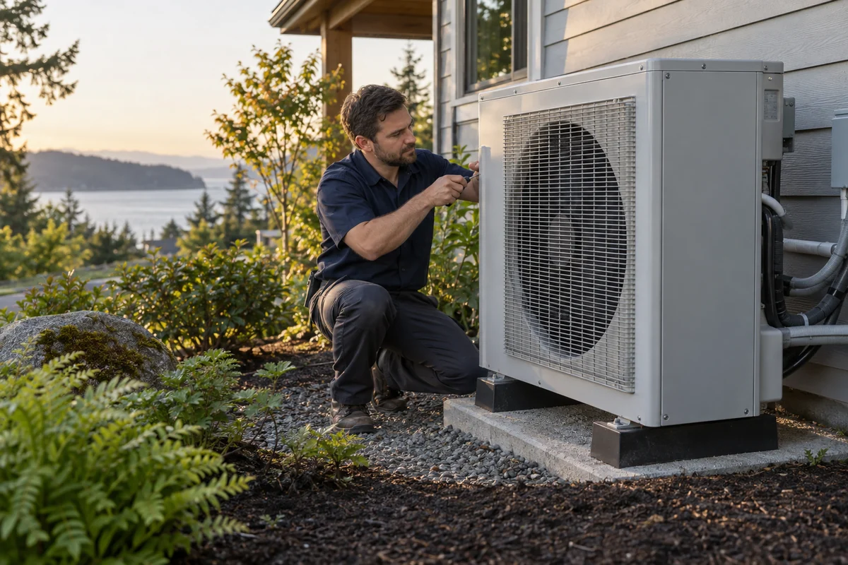 Industry illustration of an HVAC technician servicing a home cooling system