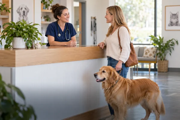Industry illustration of a veterinarian welcoming a dog and its owner