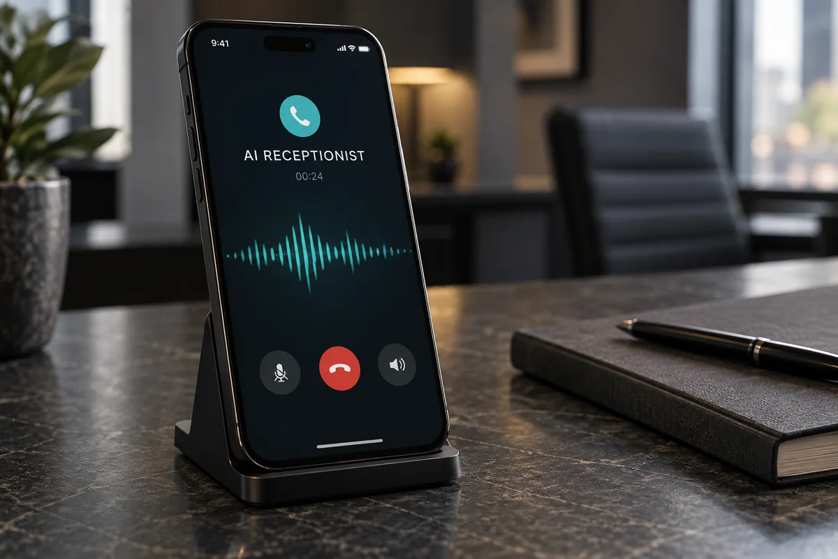 Illustration of an AI receptionist call on a smartphone