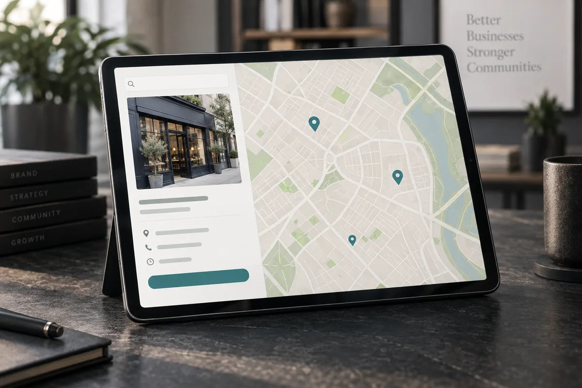 Illustration of a local business search and map on a tablet