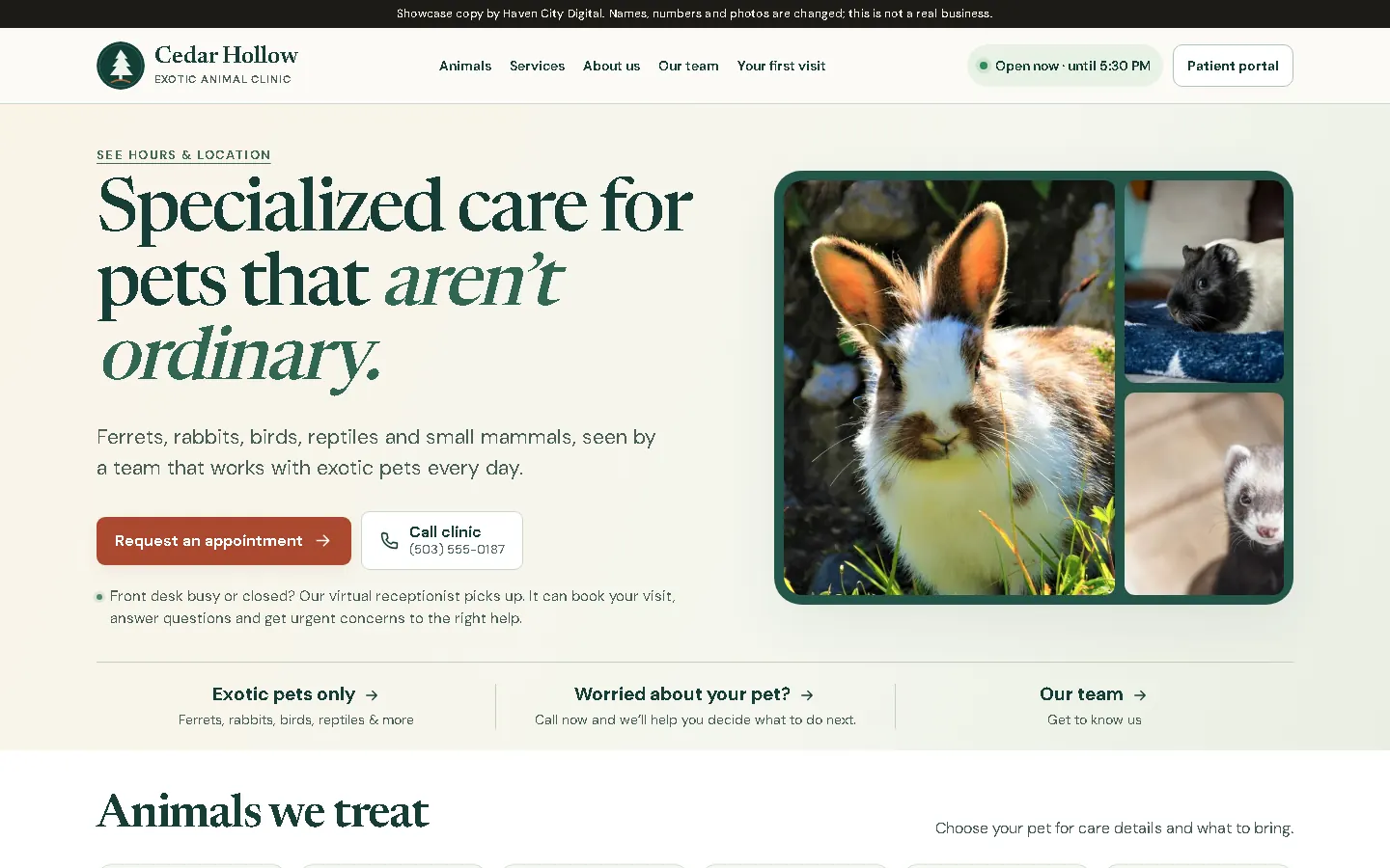 The new exotic-animal vet website we built, shown with a made-up business name
