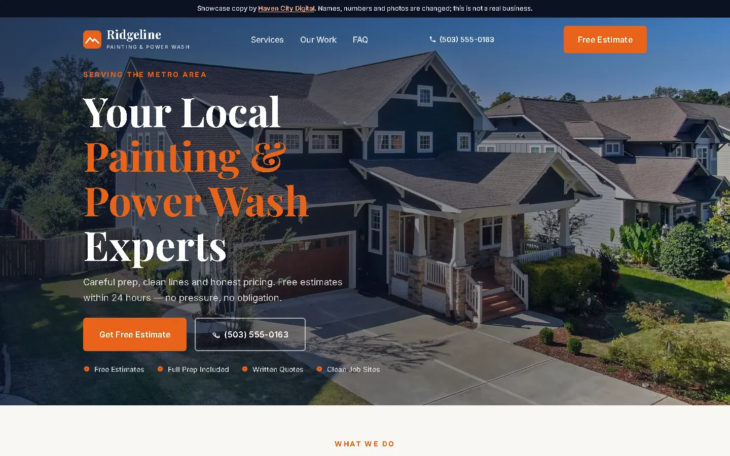 The new painting and power-washing website we built, shown with a made-up business name