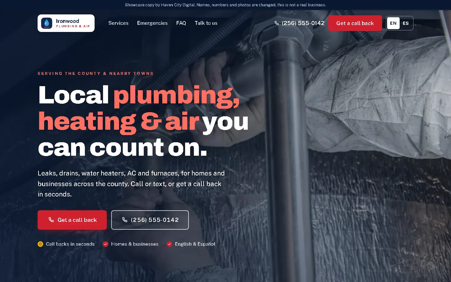The new plumbing and HVAC website we built, shown with a made-up business name